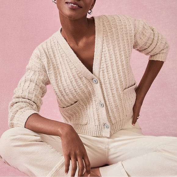 LOFT Knit Cardigan Sweater in Cream with Gold Accents Size Medium M - Picture 1 of 13